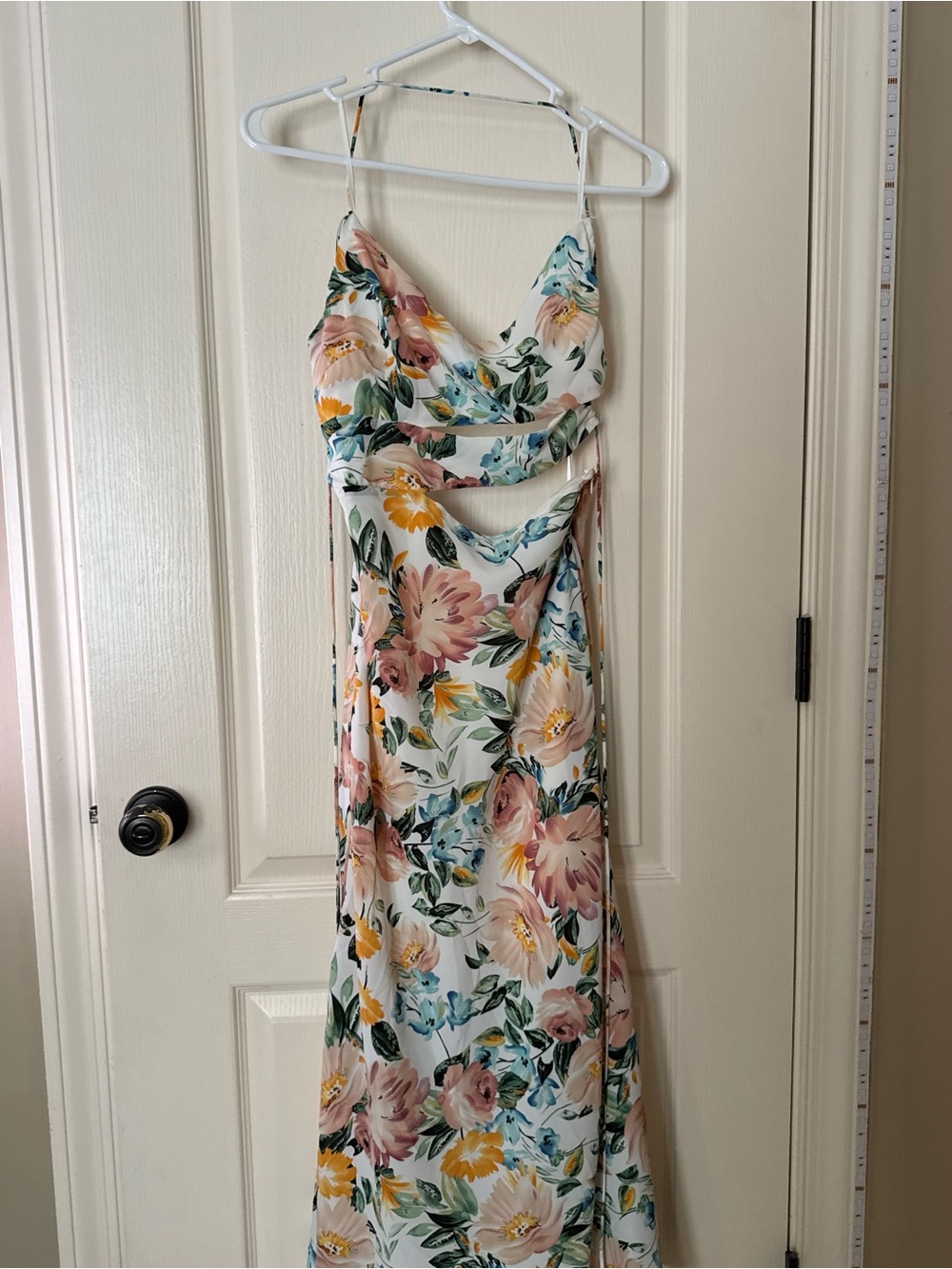 Hello Molly Backless White Maxi Dress with Pink, Yellow & Blue Floral Print